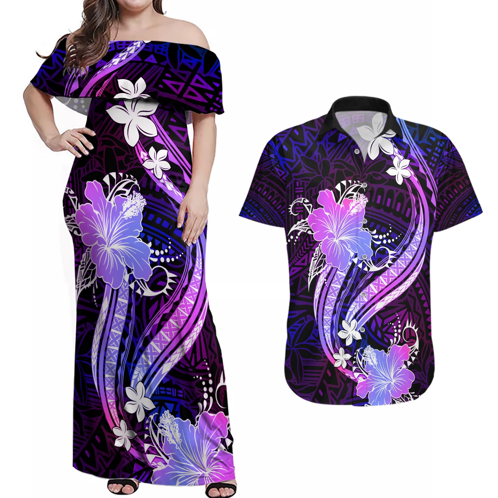 Galaxy Polynesian Pattern With Tropical Flowers Couples Matching Off Shoulder Maxi Dress and Hawaiian Shirt LT05 Galaxy - Polynesian Pride