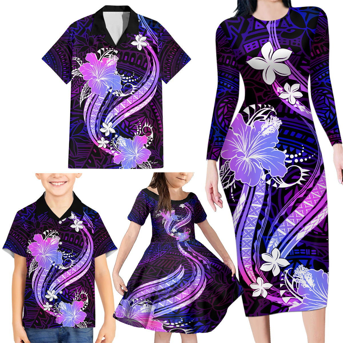 Galaxy Polynesian Pattern With Tropical Flowers Family Matching Long Sleeve Bodycon Dress and Hawaiian Shirt LT05 - Polynesian Pride