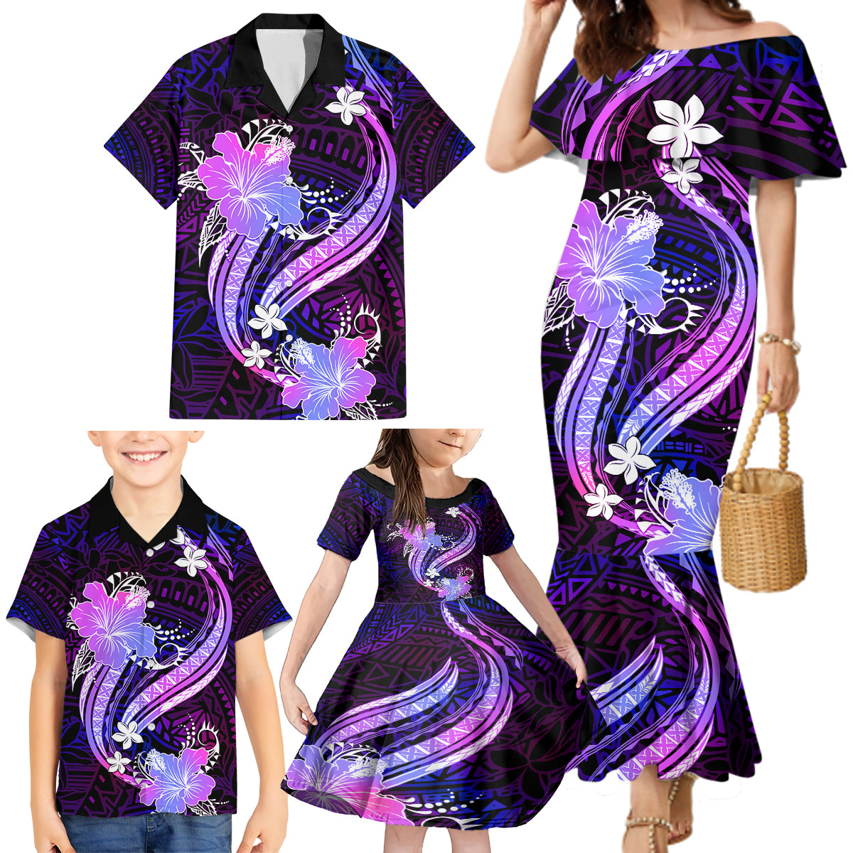 Galaxy Polynesian Pattern With Tropical Flowers Family Matching Mermaid Dress and Hawaiian Shirt LT05 - Polynesian Pride