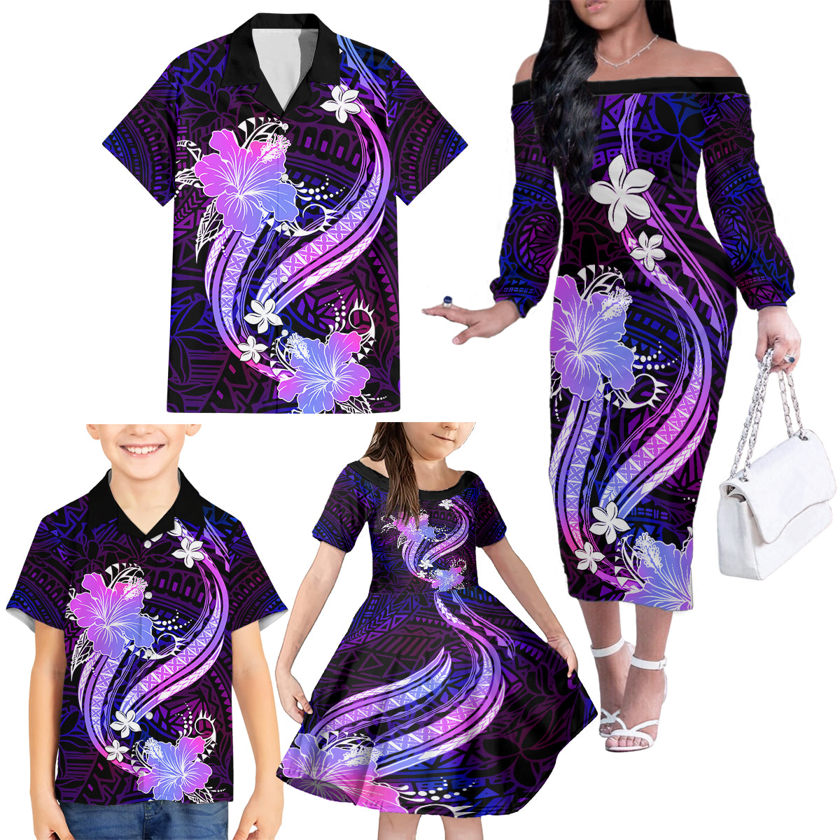 Galaxy Polynesian Pattern With Tropical Flowers Family Matching Off Shoulder Long Sleeve Dress and Hawaiian Shirt LT05 - Polynesian Pride