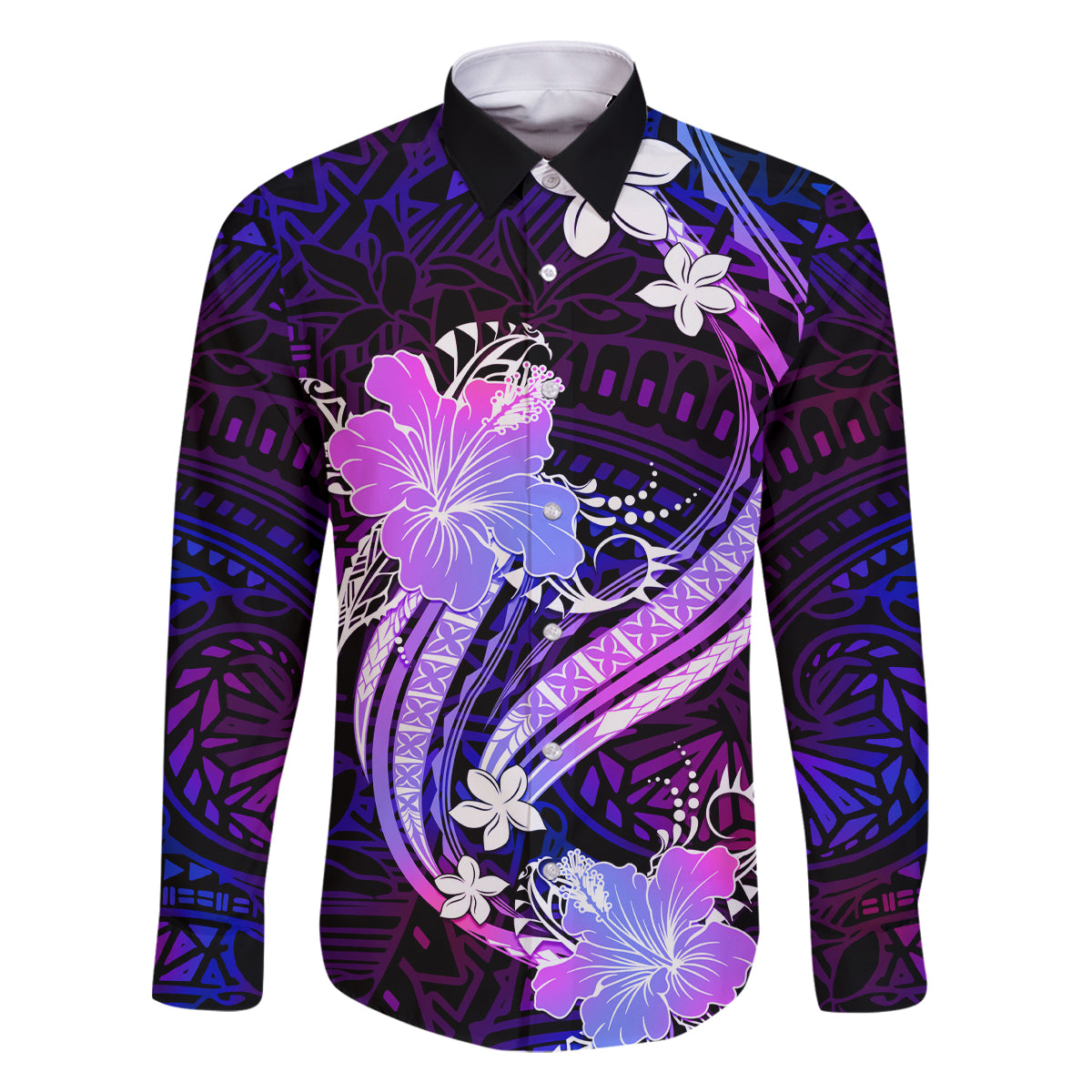 Galaxy Polynesian Pattern With Tropical Flowers Family Matching Off Shoulder Long Sleeve Dress and Hawaiian Shirt LT05 Dad's Shirt - Long Sleeve Galaxy - Polynesian Pride