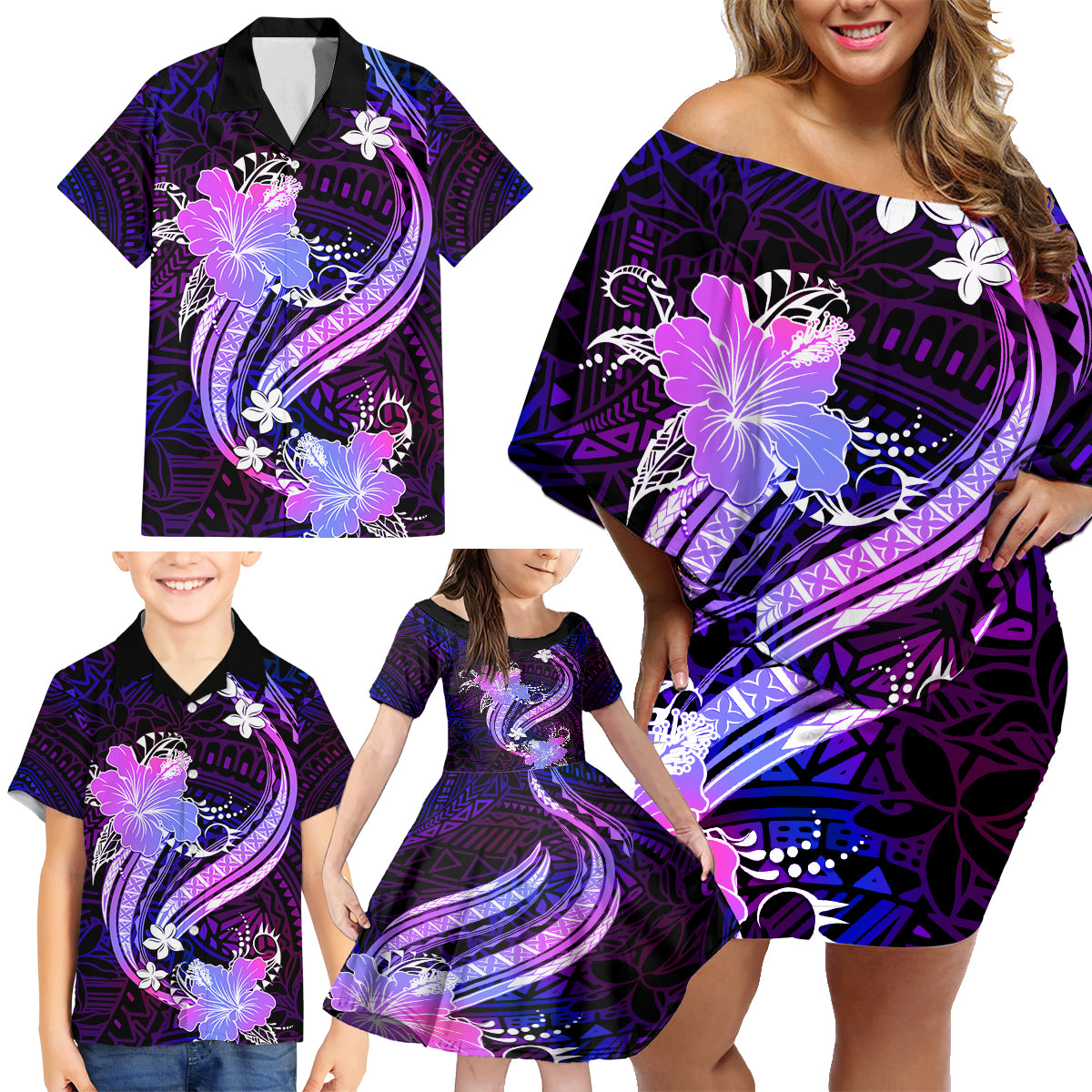 Galaxy Polynesian Pattern With Tropical Flowers Family Matching Off Shoulder Short Dress and Hawaiian Shirt LT05 - Polynesian Pride