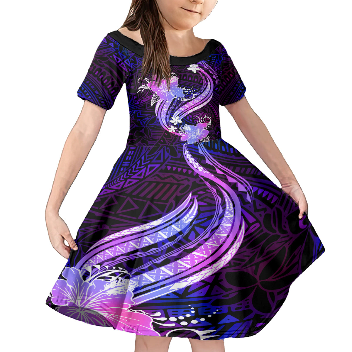 Galaxy Polynesian Pattern With Tropical Flowers Family Matching Puletasi Dress and Hawaiian Shirt LT05 Daughter's Dress Galaxy - Polynesian Pride