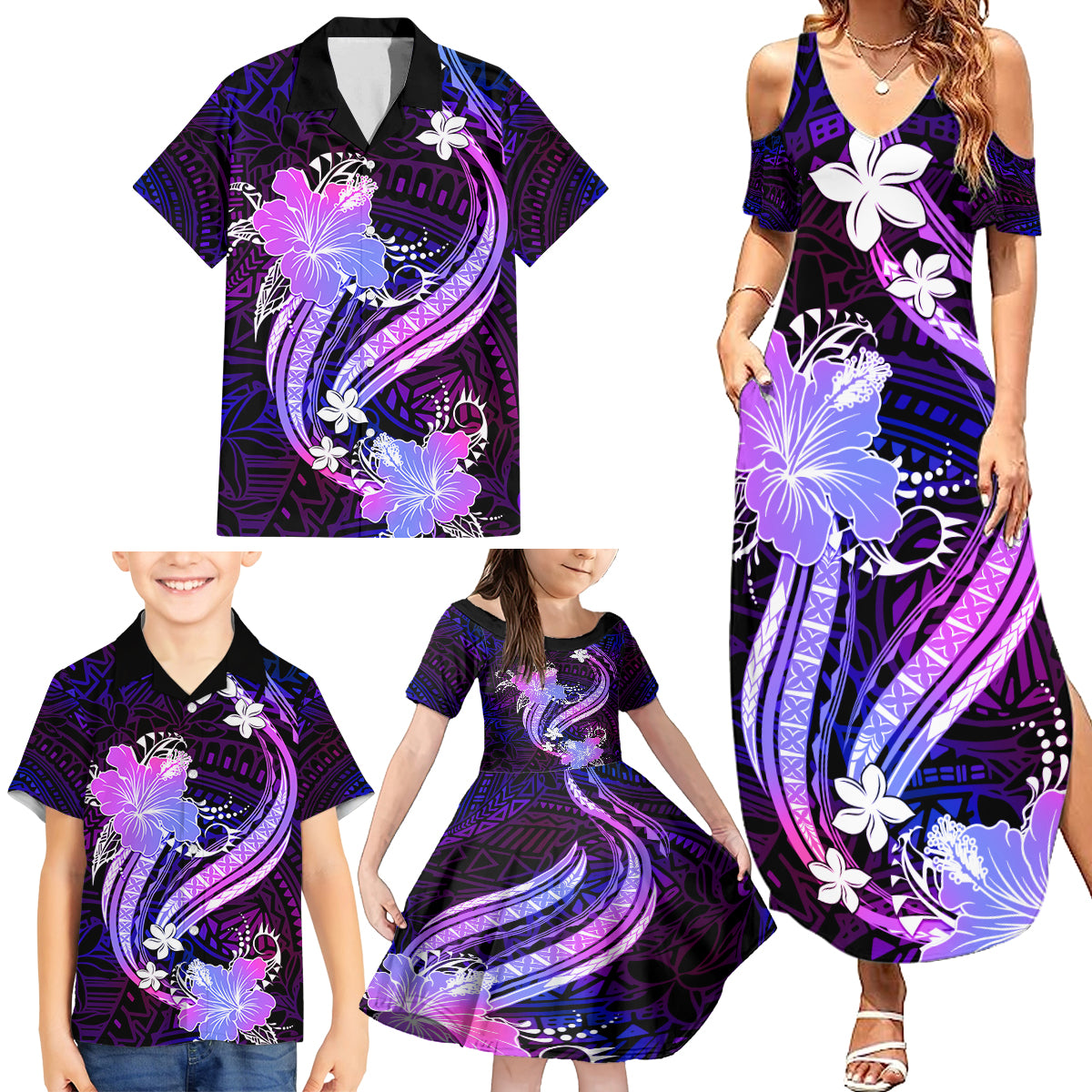 Galaxy Polynesian Pattern With Tropical Flowers Family Matching Summer Maxi Dress and Hawaiian Shirt LT05 - Polynesian Pride