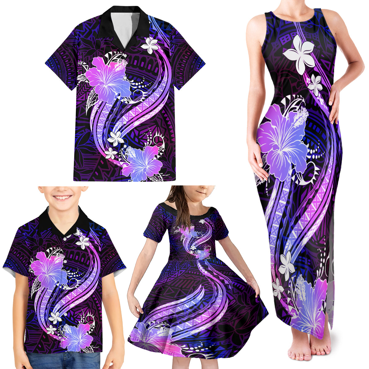 Galaxy Polynesian Pattern With Tropical Flowers Family Matching Tank Maxi Dress and Hawaiian Shirt LT05 - Polynesian Pride