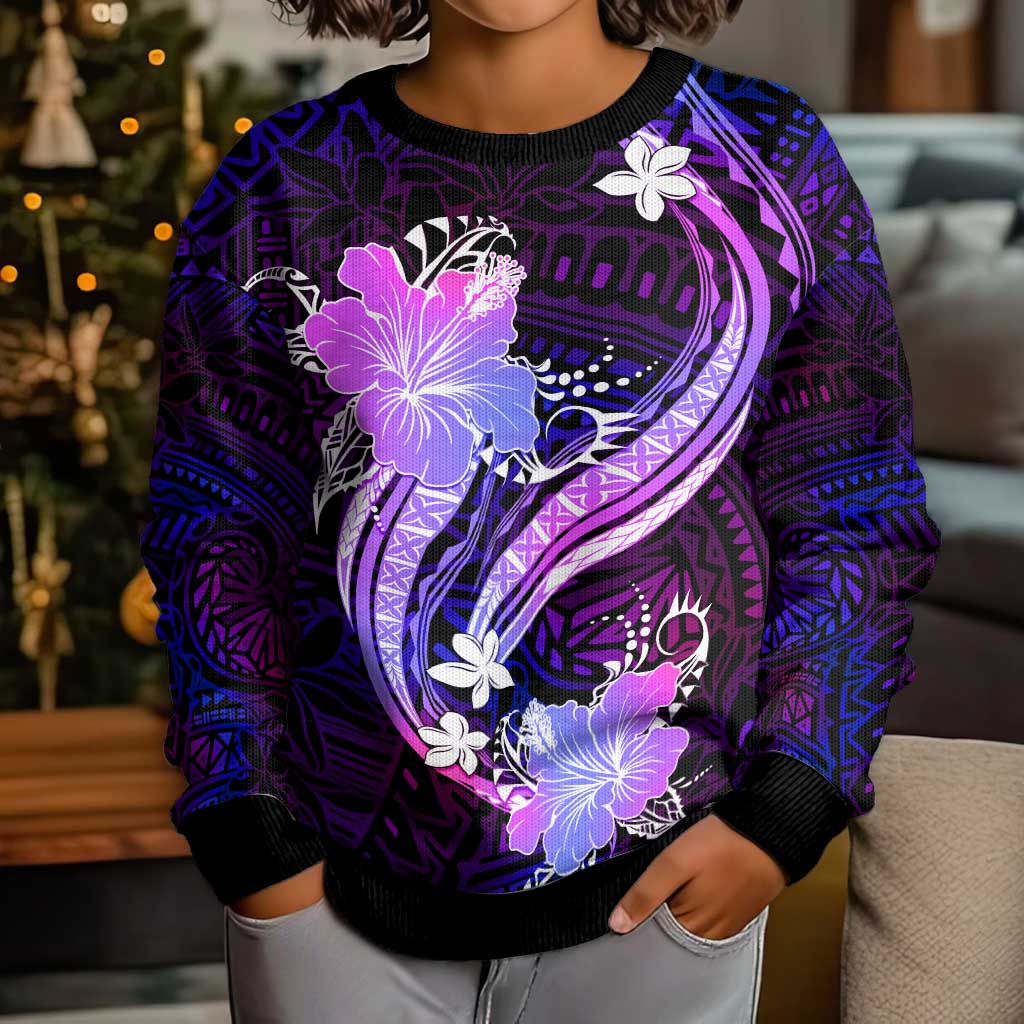 Galaxy Polynesian Pattern With Tropical Flowers Kid Ugly Christmas Sweater