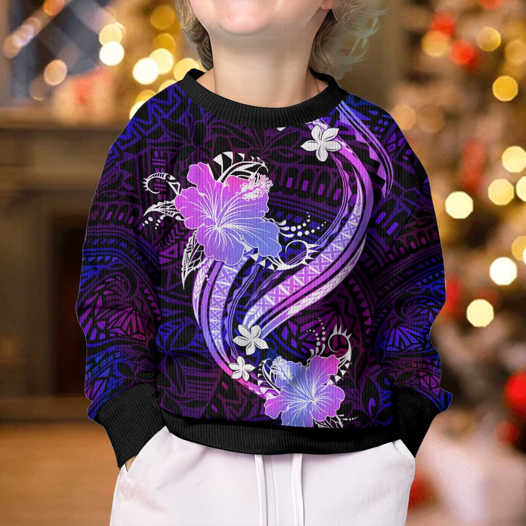 Galaxy Polynesian Pattern With Tropical Flowers Kid Ugly Christmas Sweater