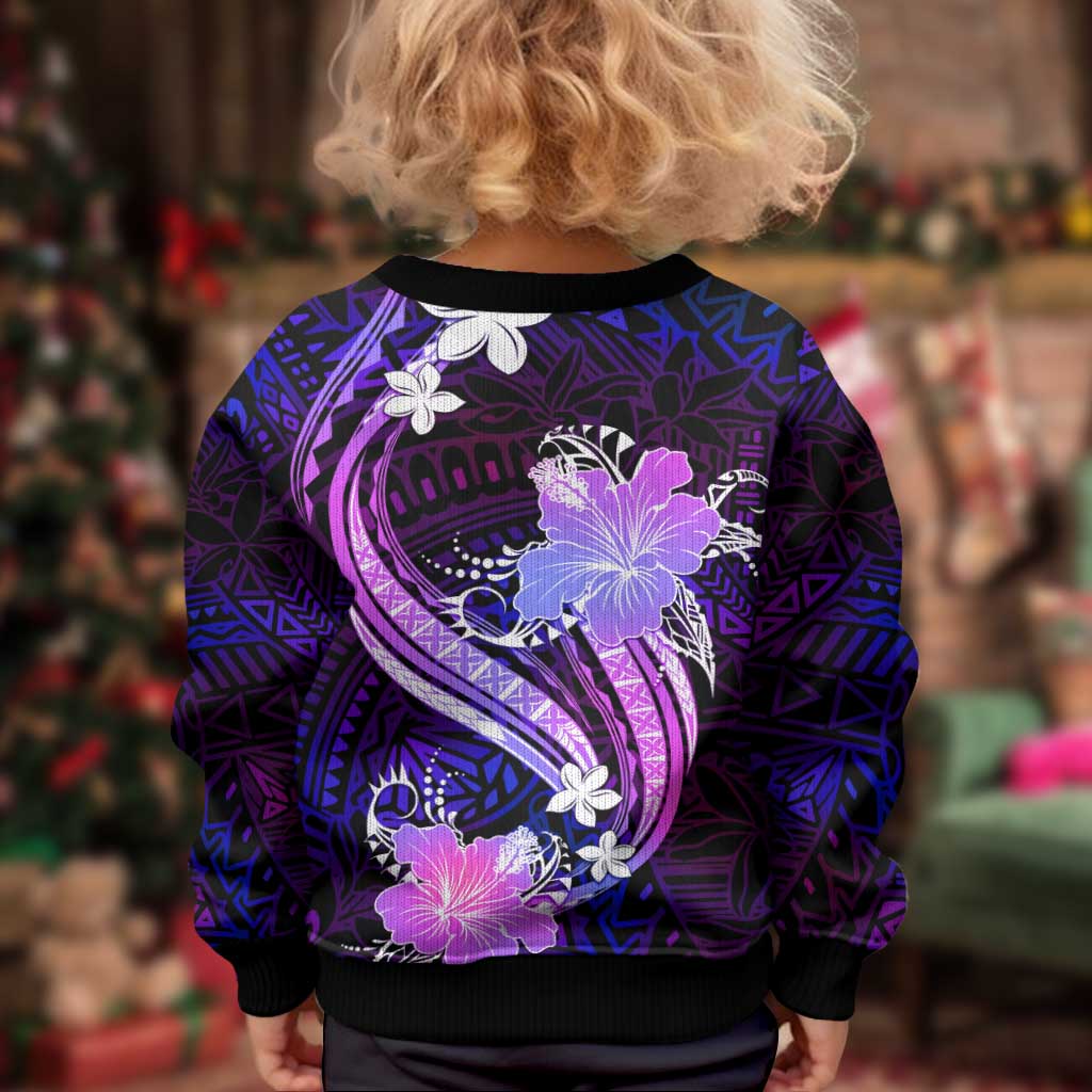Galaxy Polynesian Pattern With Tropical Flowers Kid Ugly Christmas Sweater
