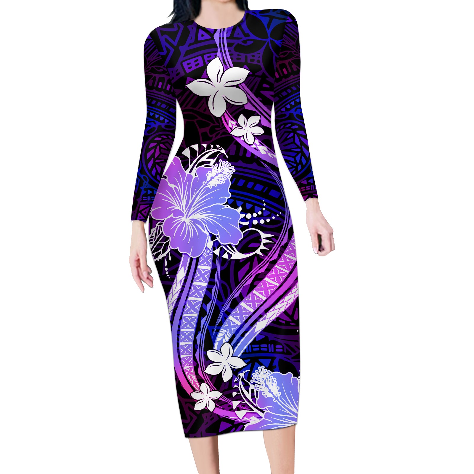 Galaxy Polynesian Pattern With Tropical Flowers Long Sleeve Bodycon Dress LT05 Long Dress Galaxy - Polynesian Pride