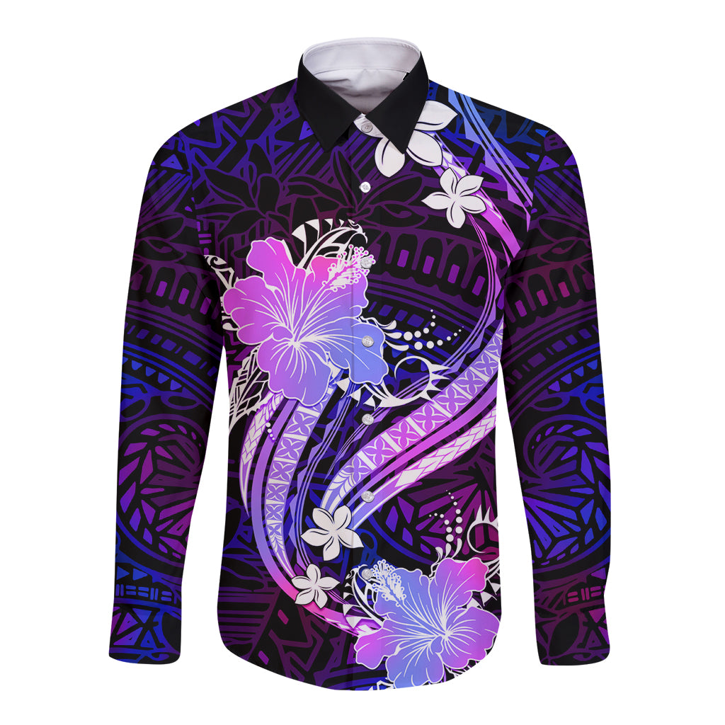 Galaxy Polynesian Pattern With Tropical Flowers Long Sleeve Button Shirt LT05 Unisex Galaxy - Polynesian Pride