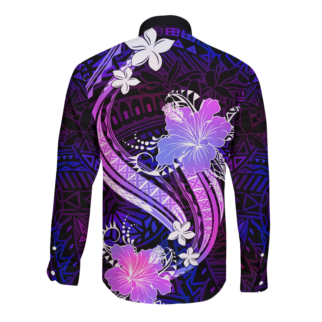Galaxy Polynesian Pattern With Tropical Flowers Long Sleeve Button Shirt LT05 - Polynesian Pride