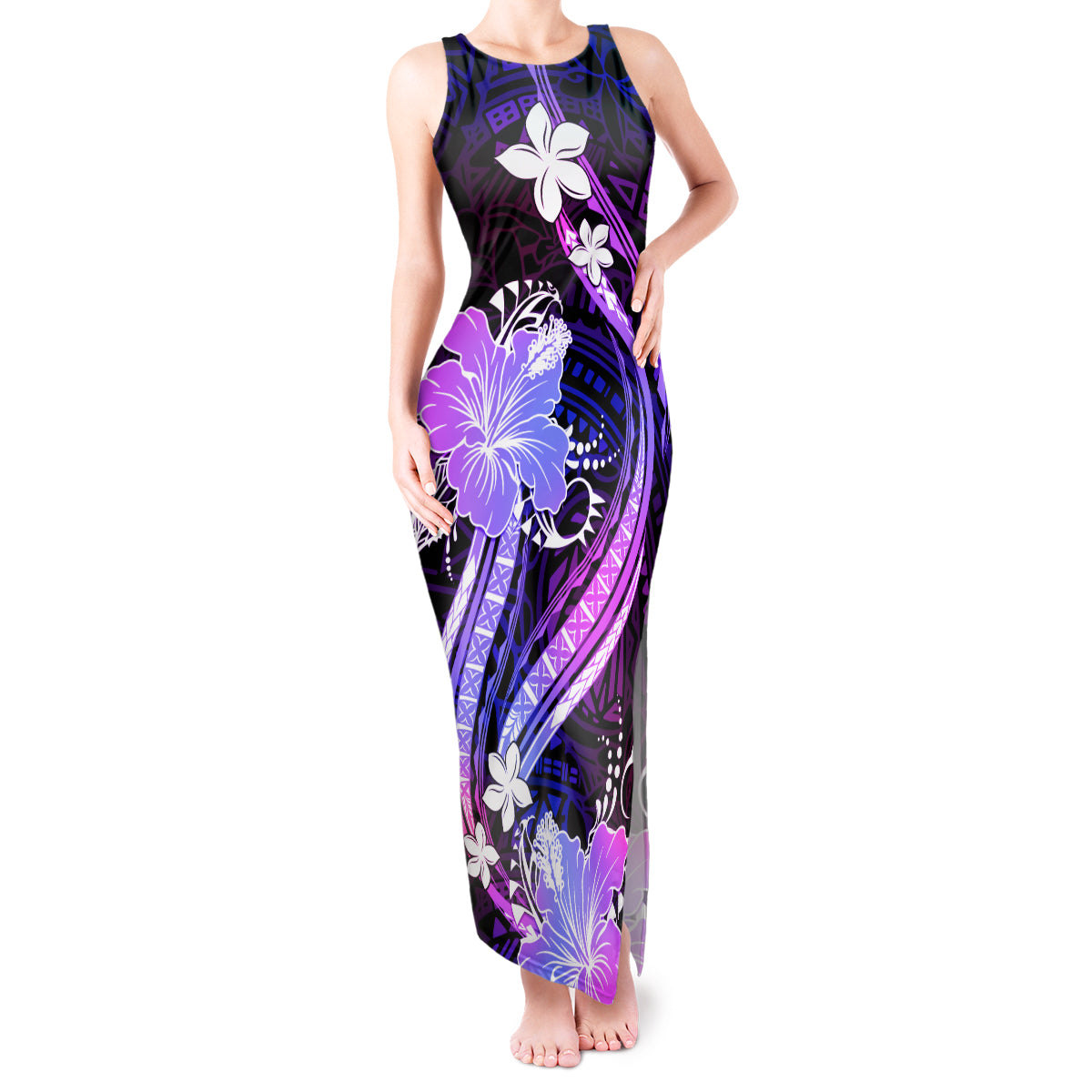 Galaxy Polynesian Pattern With Tropical Flowers Tank Maxi Dress LT05 Women Galaxy - Polynesian Pride