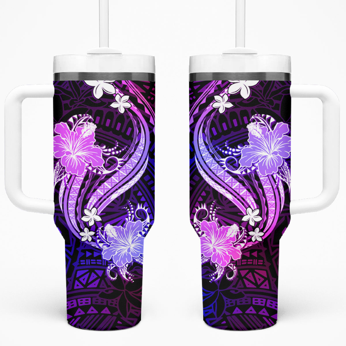 Galaxy Polynesian Pattern With Tropical Flowers Tumbler With Handle