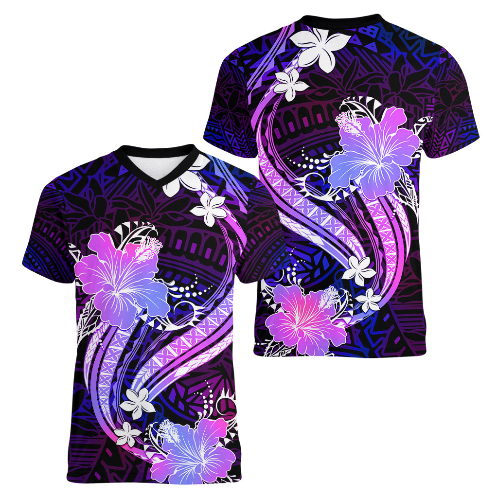 Galaxy Polynesian Pattern With Tropical Flowers Women V Neck T Shirt LT05 - Polynesian Pride