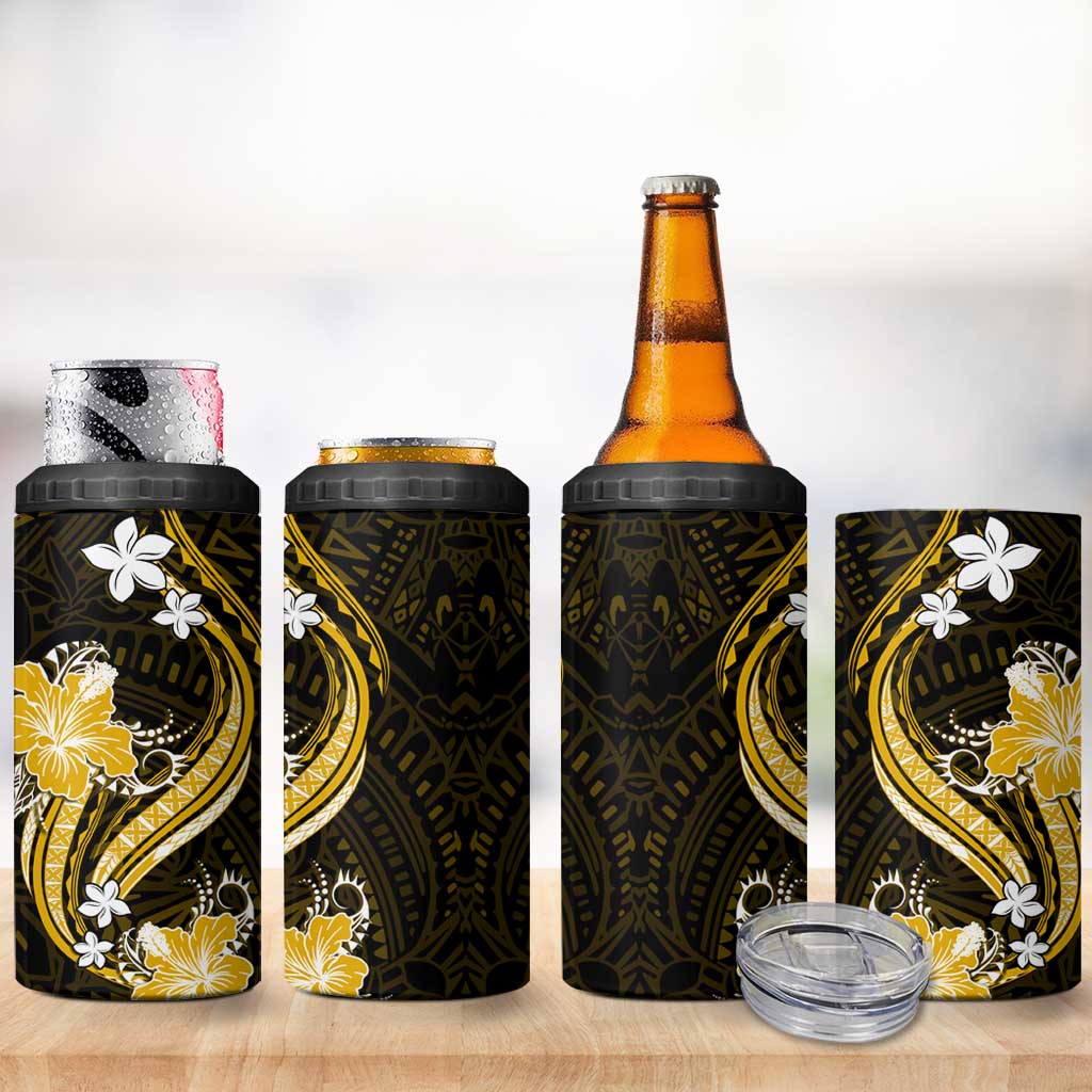 Gold Polynesian Pattern With Tropical Flowers 4 in 1 Can Cooler Tumbler