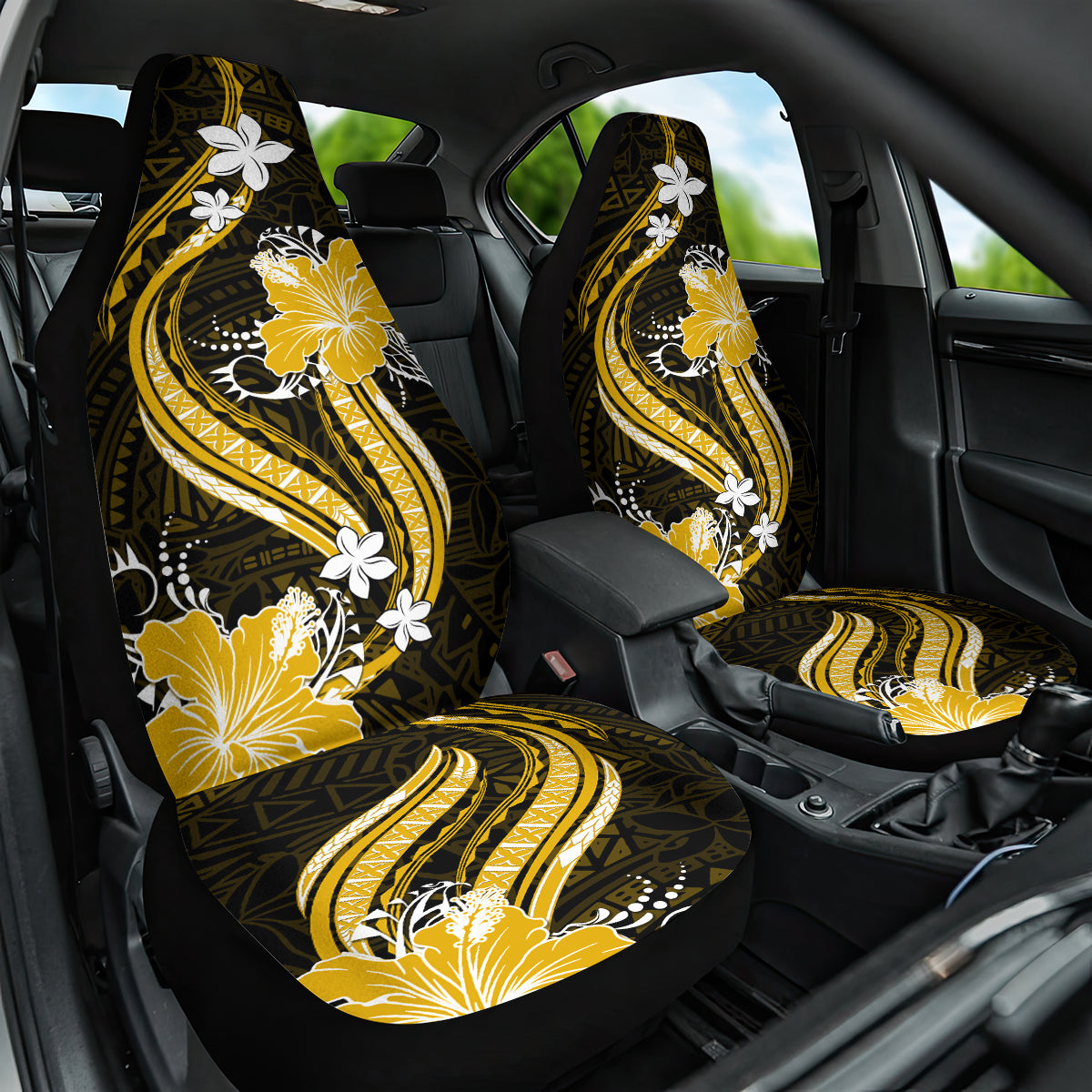 Gold Polynesian Pattern With Tropical Flowers Car Seat Cover LT05 One Size Gold - Polynesian Pride