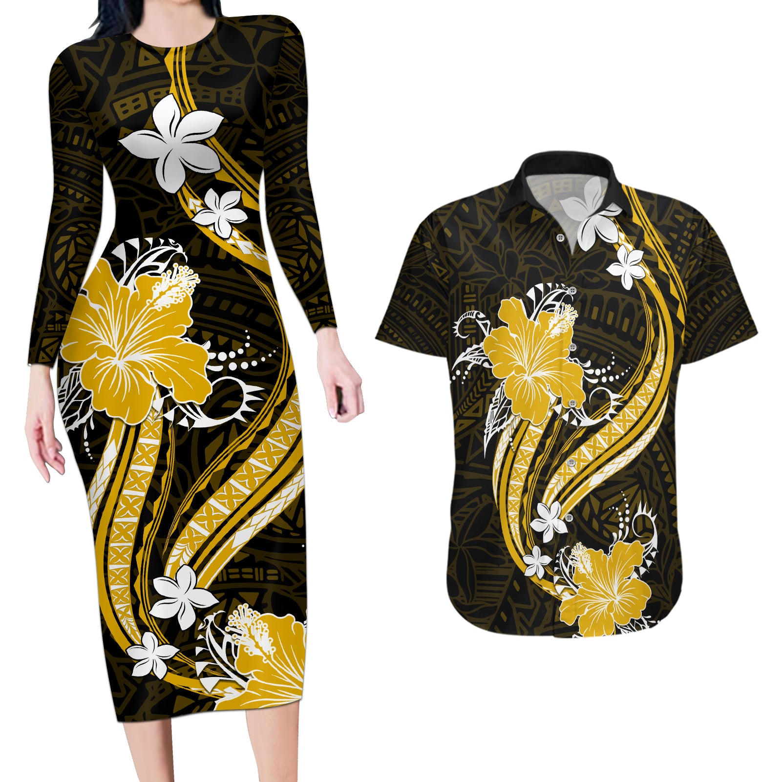 Gold Polynesian Pattern With Tropical Flowers Couples Matching Long Sleeve Bodycon Dress and Hawaiian Shirt LT05 Gold - Polynesian Pride