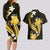 Gold Polynesian Pattern With Tropical Flowers Couples Matching Long Sleeve Bodycon Dress and Hawaiian Shirt LT05 - Polynesian Pride