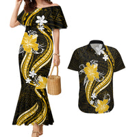 Gold Polynesian Pattern With Tropical Flowers Couples Matching Mermaid Dress and Hawaiian Shirt LT05 Gold - Polynesian Pride