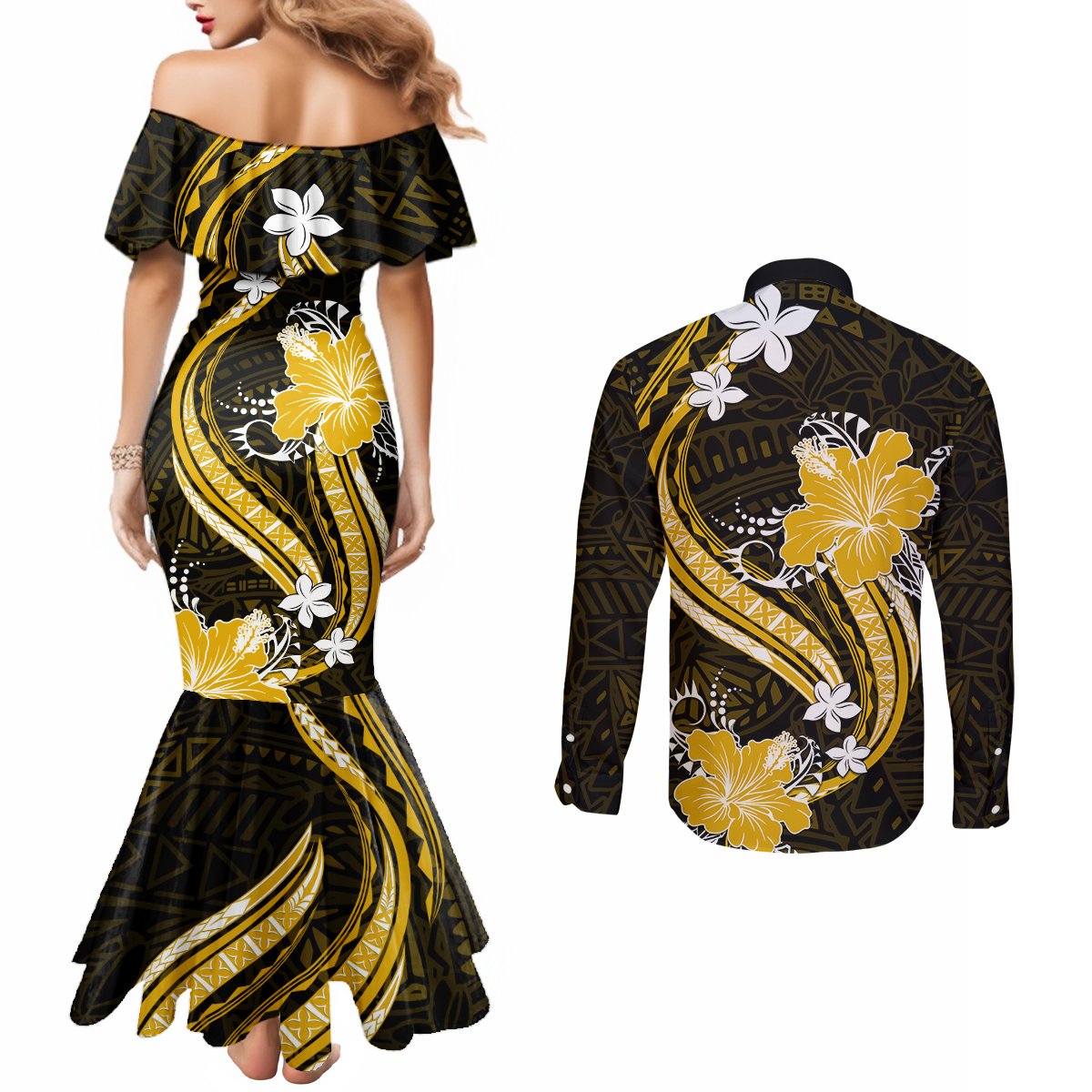 Gold Polynesian Pattern With Tropical Flowers Couples Matching Mermaid Dress and Long Sleeve Button Shirt LT05 - Polynesian Pride