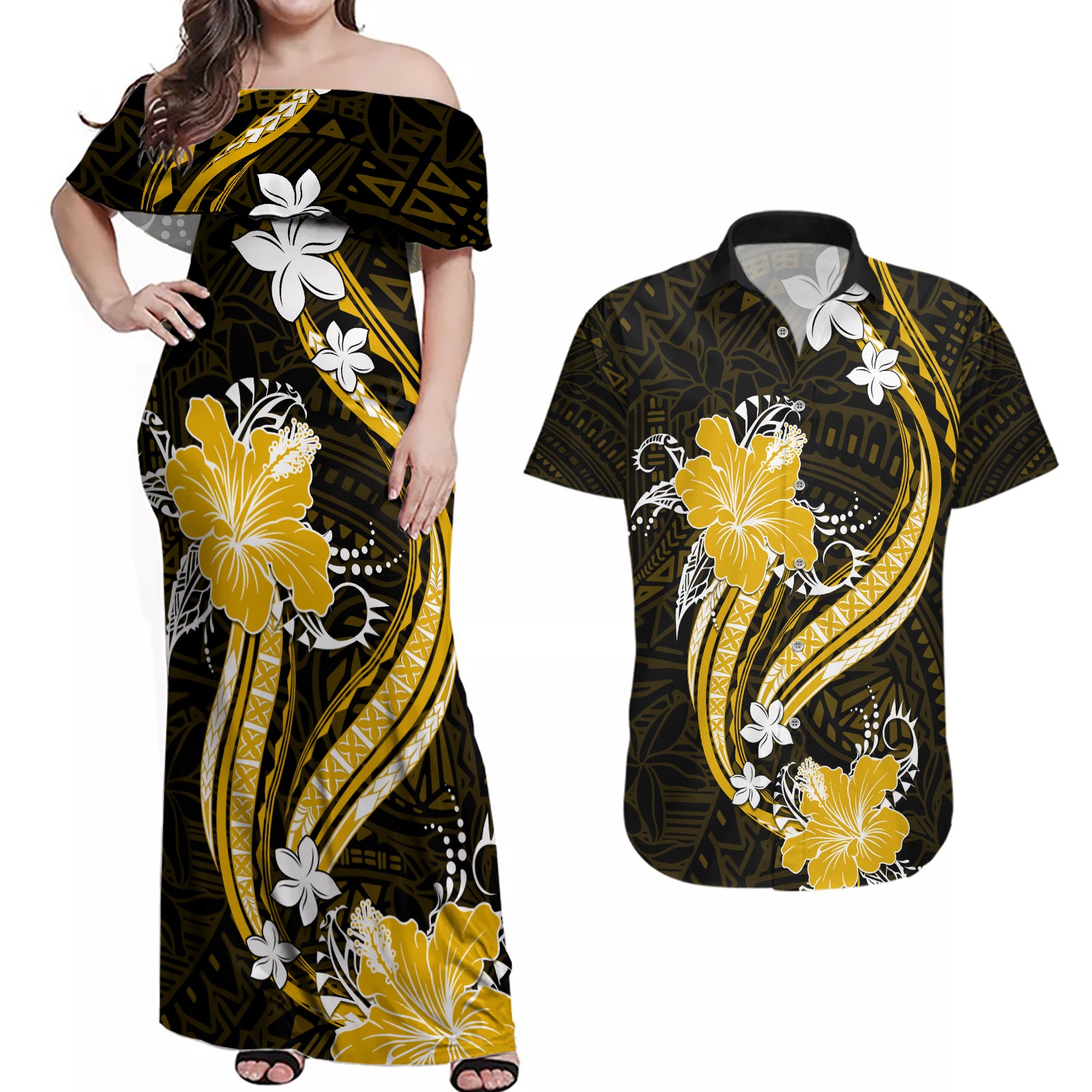 Gold Polynesian Pattern With Tropical Flowers Couples Matching Off Shoulder Maxi Dress and Hawaiian Shirt LT05 Gold - Polynesian Pride