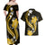 Gold Polynesian Pattern With Tropical Flowers Couples Matching Off Shoulder Maxi Dress and Hawaiian Shirt LT05 - Polynesian Pride