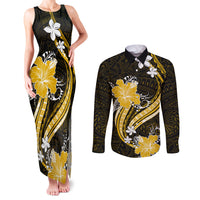 Gold Polynesian Pattern With Tropical Flowers Couples Matching Tank Maxi Dress and Long Sleeve Button Shirt LT05 Gold - Polynesian Pride
