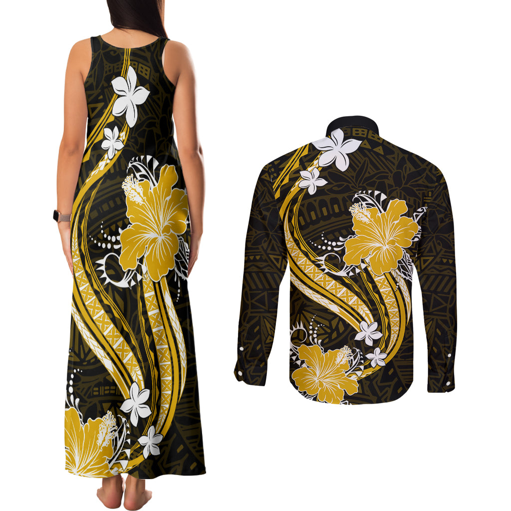 Gold Polynesian Pattern With Tropical Flowers Couples Matching Tank Maxi Dress and Long Sleeve Button Shirt LT05 - Polynesian Pride