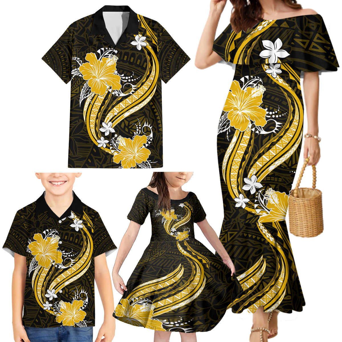 Gold Polynesian Pattern With Tropical Flowers Family Matching Mermaid Dress and Hawaiian Shirt LT05 - Polynesian Pride