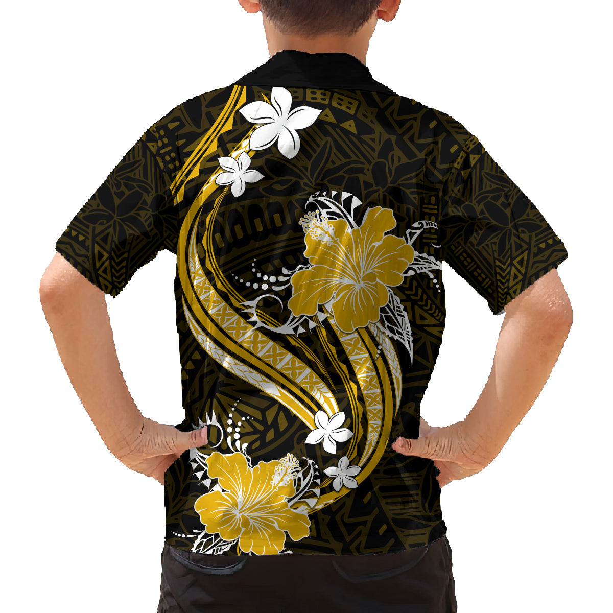 Gold Polynesian Pattern With Tropical Flowers Family Matching Off Shoulder Long Sleeve Dress and Hawaiian Shirt LT05 - Polynesian Pride