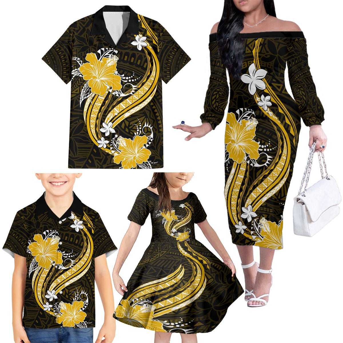 Gold Polynesian Pattern With Tropical Flowers Family Matching Off Shoulder Long Sleeve Dress and Hawaiian Shirt LT05 - Polynesian Pride