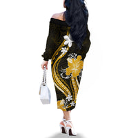 Gold Polynesian Pattern With Tropical Flowers Family Matching Off Shoulder Long Sleeve Dress and Hawaiian Shirt LT05 - Polynesian Pride