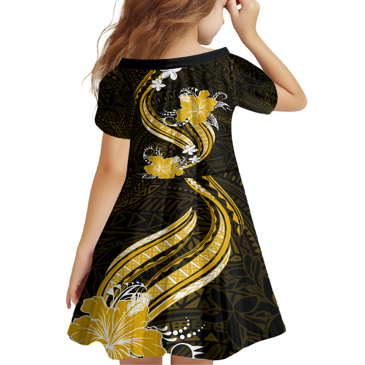 Gold Polynesian Pattern With Tropical Flowers Family Matching Off Shoulder Short Dress and Hawaiian Shirt LT05 - Polynesian Pride