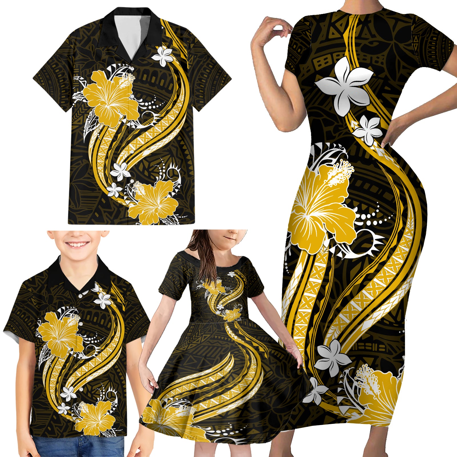 Gold Polynesian Pattern With Tropical Flowers Family Matching Short Sleeve Bodycon Dress and Hawaiian Shirt LT05 - Polynesian Pride