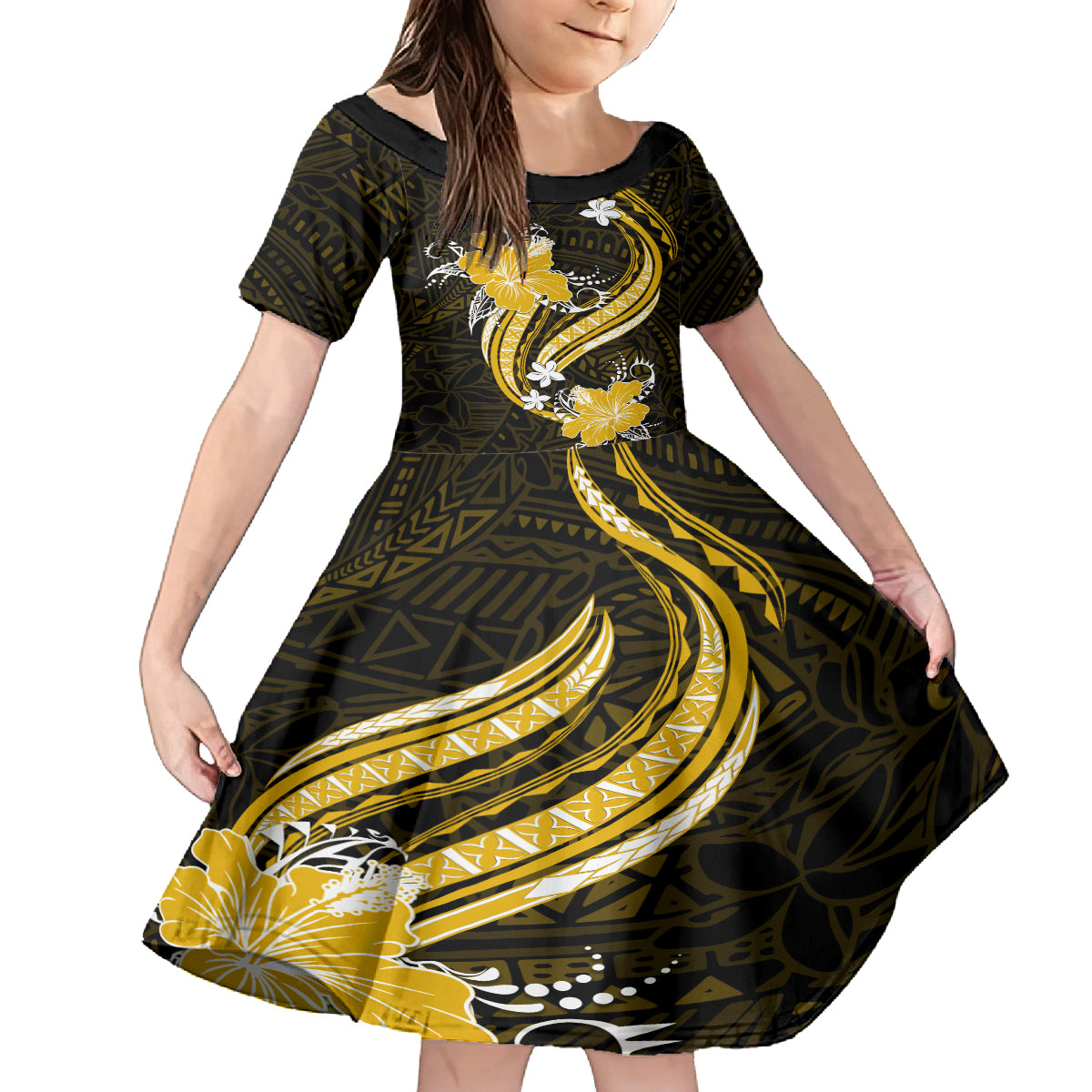 Gold Polynesian Pattern With Tropical Flowers Family Matching Summer Maxi Dress and Hawaiian Shirt LT05 Daughter's Dress Gold - Polynesian Pride