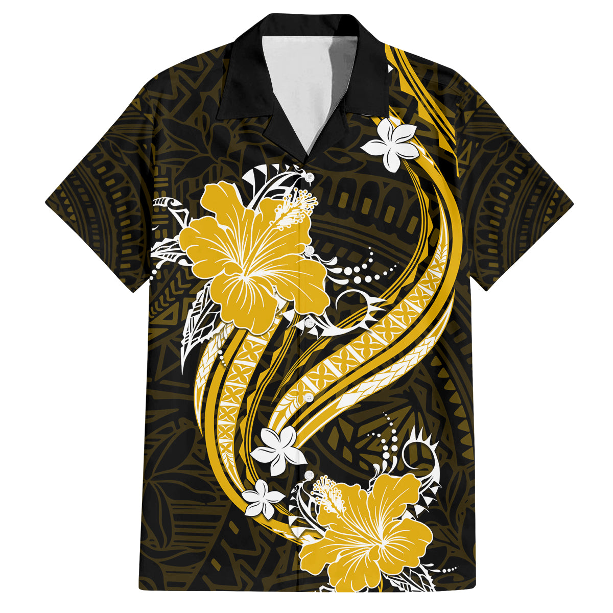 Gold Polynesian Pattern With Tropical Flowers Family Matching Summer Maxi Dress and Hawaiian Shirt LT05 Dad's Shirt - Short Sleeve Gold - Polynesian Pride