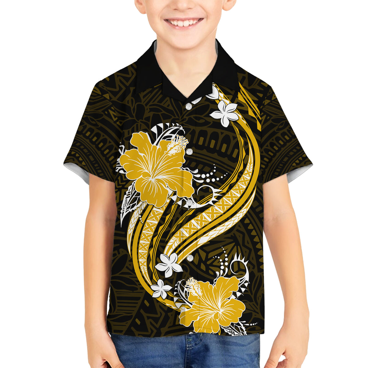 Gold Polynesian Pattern With Tropical Flowers Family Matching Summer Maxi Dress and Hawaiian Shirt LT05 Son's Shirt Gold - Polynesian Pride
