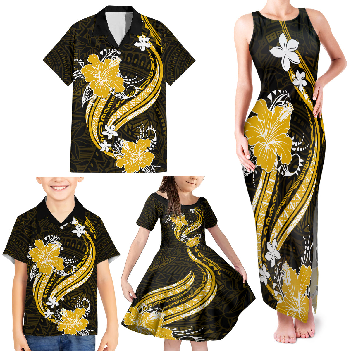 Gold Polynesian Pattern With Tropical Flowers Family Matching Tank Maxi Dress and Hawaiian Shirt LT05 - Polynesian Pride