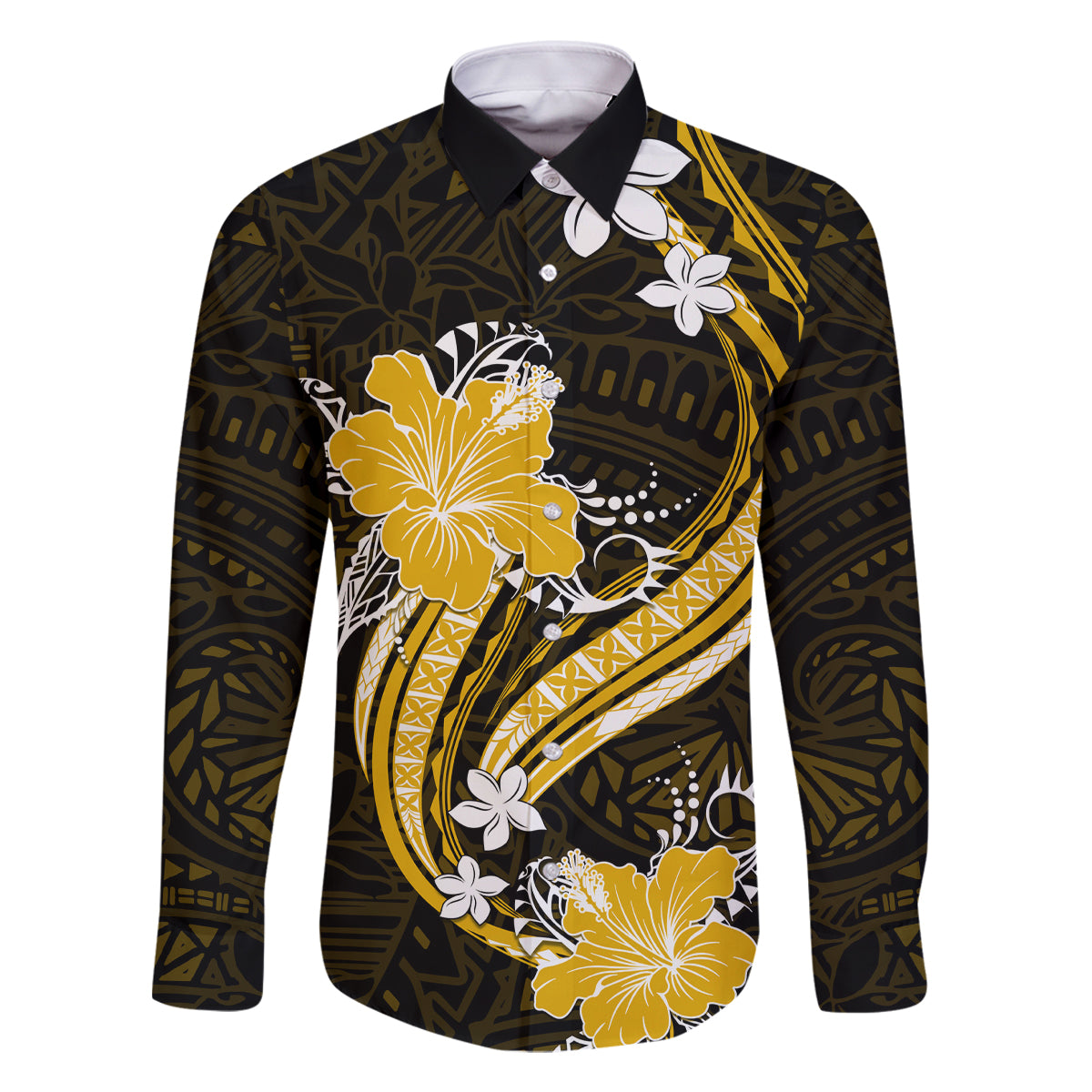 Gold Polynesian Pattern With Tropical Flowers Family Matching Tank Maxi Dress and Hawaiian Shirt LT05 Dad's Shirt - Long Sleeve Gold - Polynesian Pride