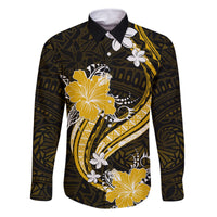 Gold Polynesian Pattern With Tropical Flowers Family Matching Tank Maxi Dress and Hawaiian Shirt LT05 Dad's Shirt - Long Sleeve Gold - Polynesian Pride