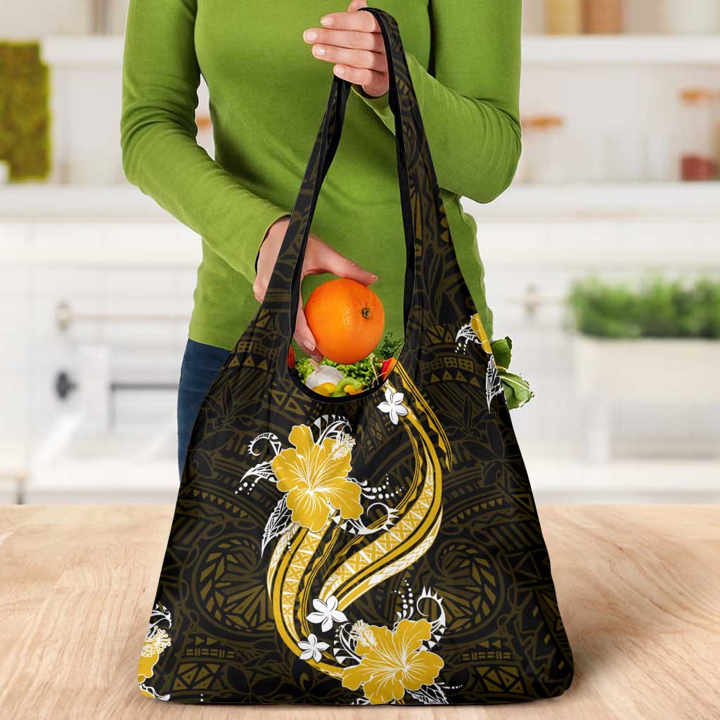 Gold Polynesian Pattern With Tropical Flowers Grocery Bag