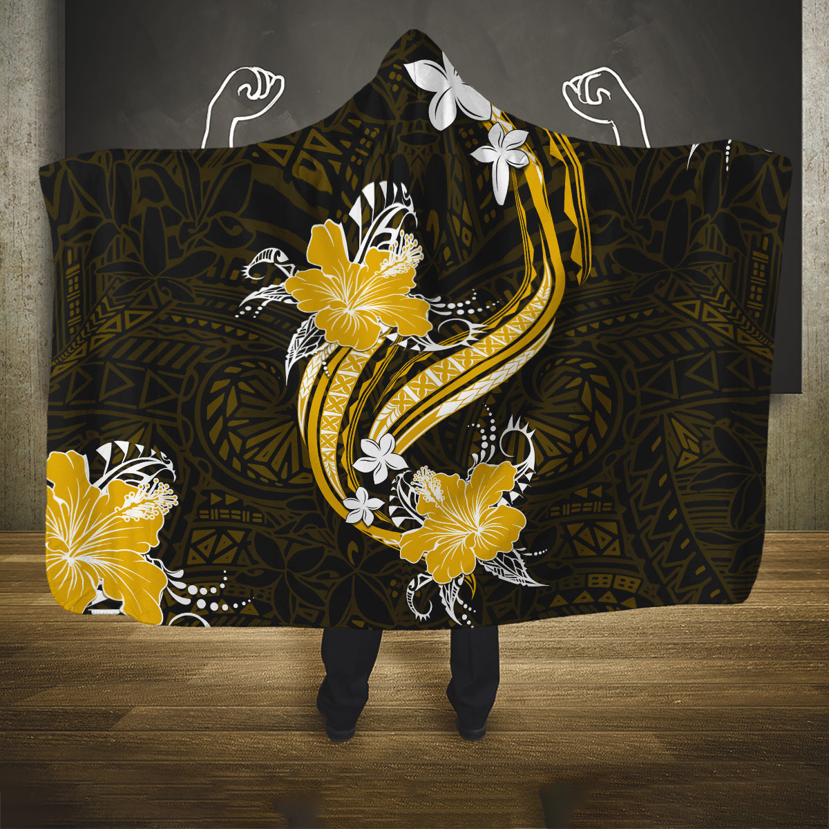 Gold Polynesian Pattern With Tropical Flowers Hooded Blanket LT05 One Size Gold - Polynesian Pride