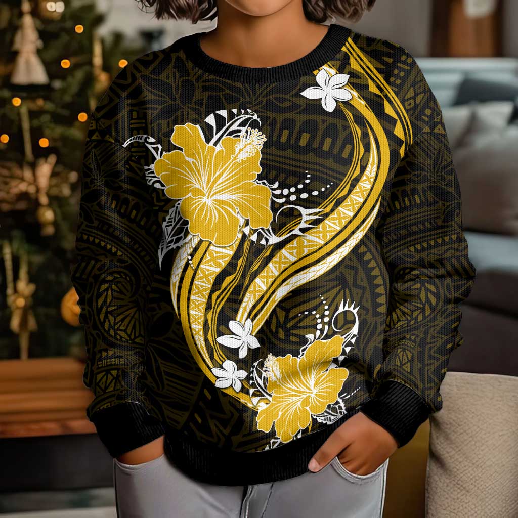 Gold Polynesian Pattern With Tropical Flowers Kid Ugly Christmas Sweater