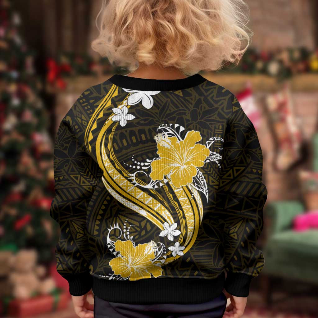 Gold Polynesian Pattern With Tropical Flowers Kid Ugly Christmas Sweater