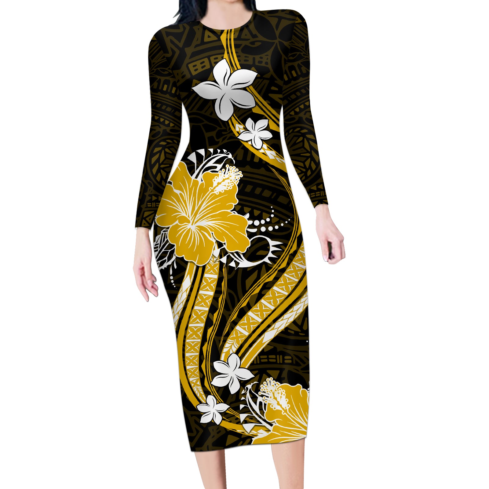 Gold Polynesian Pattern With Tropical Flowers Long Sleeve Bodycon Dress LT05 Long Dress Gold - Polynesian Pride