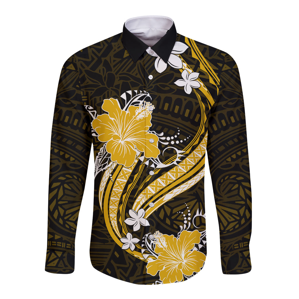 Gold Polynesian Pattern With Tropical Flowers Long Sleeve Button Shirt LT05 Unisex Gold - Polynesian Pride