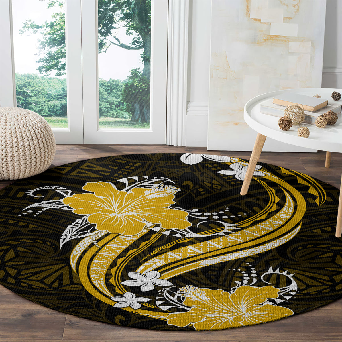 Gold Polynesian Pattern With Tropical Flowers Round Carpet LT05 - Polynesian Pride
