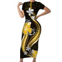 Gold Polynesian Pattern With Tropical Flowers Short Sleeve Bodycon Dress LT05 Long Dress Gold - Polynesian Pride
