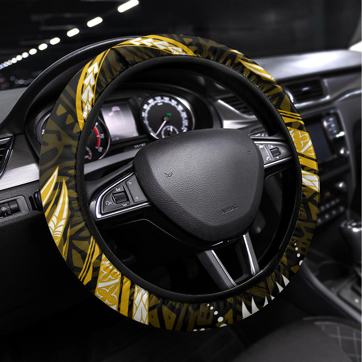 Gold Polynesian Pattern With Tropical Flowers Steering Wheel Cover