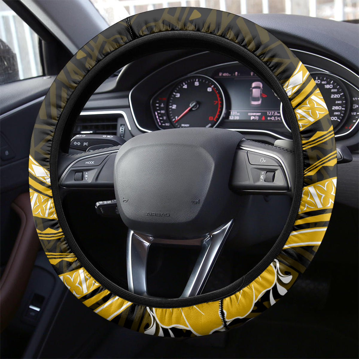 Gold Polynesian Pattern With Tropical Flowers Steering Wheel Cover LT05 - Polynesian Pride